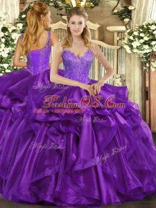 Low Price Beading and Ruffles Sweet 16 Dresses Eggplant Purple Lace Up Sleeveless Floor Length