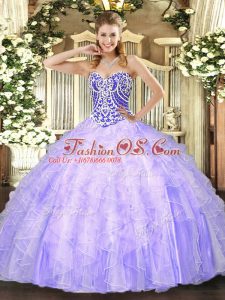 Nice Lavender Ball Gowns Sweetheart Sleeveless Tulle Asymmetrical Lace Up Beading and Ruffles Quinceanera Gowns