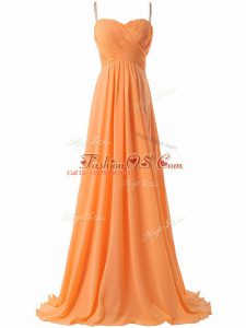 Fitting Orange Chiffon Criss Cross Prom Party Dress Sleeveless Sweep Train Ruching