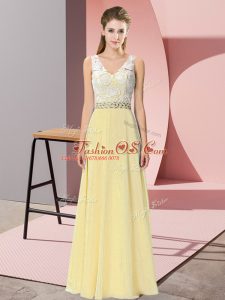Light Yellow Backless V-neck Beading Chiffon and Lace Sleeveless