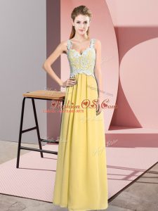 Yellow Empire V-neck Sleeveless Chiffon Floor Length Zipper Lace Prom Dress