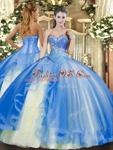 Sweet Beading and Ruffles 15th Birthday Dress Baby Blue Lace Up Sleeveless Floor Length