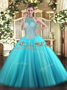 Dynamic Beading Quince Ball Gowns Aqua Blue Lace Up Sleeveless Floor Length