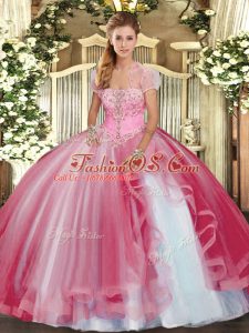 Modest Pink Sleeveless Floor Length Beading and Ruffles Lace Up Quinceanera Dresses