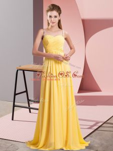 Delicate Gold Empire Chiffon Spaghetti Straps Sleeveless Ruching Floor Length Lace Up Prom Gown
