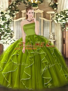 On Sale Olive Green Ball Gowns Strapless Sleeveless Tulle Floor Length Zipper Ruffles Ball Gown Prom Dress