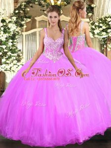 Nice Lilac Straps Lace Up Beading Sweet 16 Dresses Sleeveless
