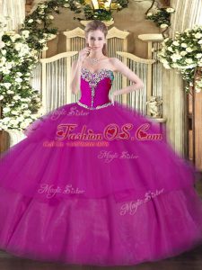 Elegant Fuchsia Ball Gowns Sweetheart Sleeveless Tulle Floor Length Lace Up Beading and Ruffled Layers Ball Gown Prom Dress