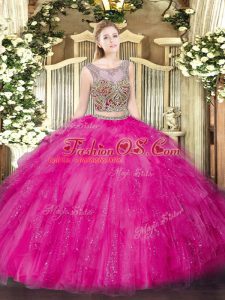 Glorious Sleeveless Floor Length Beading and Ruffles Lace Up Sweet 16 Dresses with Hot Pink