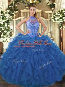 Low Price Blue Ball Gowns Organza Halter Top Sleeveless Beading and Embroidery and Ruffles Floor Length Lace Up Sweet 16 Dress