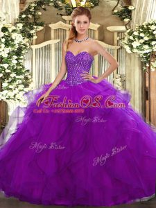 Flare Purple Tulle Lace Up Quinceanera Gowns Sleeveless Floor Length Beading and Ruffles