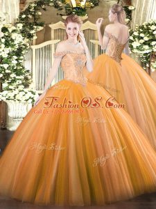 Perfect Ball Gowns Sweet 16 Dress Orange Off The Shoulder Tulle Sleeveless Floor Length Lace Up