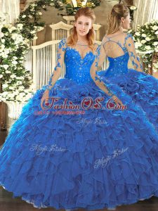 Dazzling Blue Scoop Neckline Lace and Ruffles Ball Gown Prom Dress Long Sleeves Lace Up