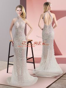 Modern Champagne Mermaid Beading Prom Evening Gown Backless Tulle Sleeveless