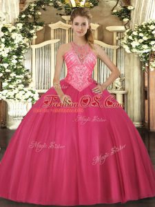Deluxe Floor Length Ball Gowns Sleeveless Hot Pink Quinceanera Dresses Lace Up