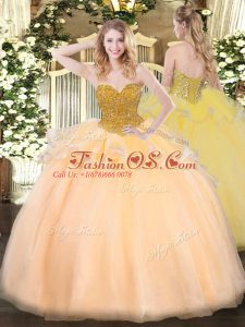 Suitable Orange Red Ball Gowns Sweetheart Sleeveless Organza Floor Length Lace Up Beading 15 Quinceanera Dress