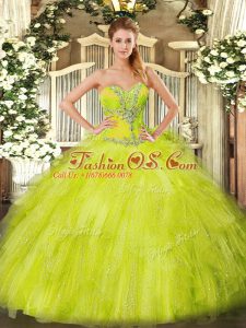 Sweetheart Sleeveless Sweet 16 Dresses Floor Length Beading and Ruffles Yellow Green Organza
