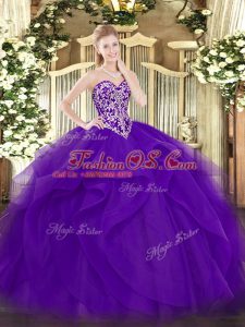Tulle Sweetheart Sleeveless Lace Up Beading and Ruffles Quince Ball Gowns in Purple