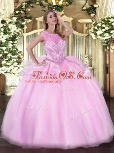 Attractive Floor Length Zipper Quinceanera Dress Pink for Sweet 16 and Quinceanera with Beading