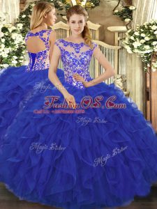 Flirting Organza Scoop Sleeveless Lace Up Beading and Ruffles Quinceanera Dress in Royal Blue