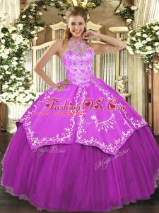 Clearance Fuchsia Sleeveless Floor Length Beading and Embroidery Lace Up 15th Birthday Dress