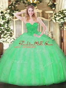 Sweet Apple Green Organza Lace Up Quinceanera Dress Sleeveless Floor Length Ruffles