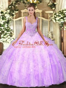 Customized Floor Length Lace Up Sweet 16 Dress Lilac for Military Ball and Sweet 16 and Quinceanera with Beading and Ruffles