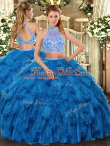 Sleeveless Floor Length Beading and Ruffles Criss Cross Sweet 16 Dress with Blue