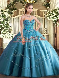 Teal Tulle Lace Up Sweet 16 Dresses Sleeveless Floor Length Appliques and Embroidery