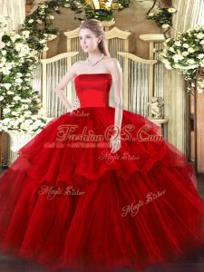 Super Wine Red Sleeveless Ruffled Layers Zipper Quinceanera Gown