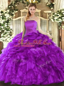 Sexy Floor Length Lace Up Sweet 16 Dresses Purple for Military Ball and Sweet 16 and Quinceanera with Ruffles and Pick Ups