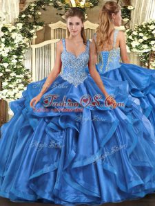 Designer Sleeveless Floor Length Beading and Ruffles Lace Up 15th Birthday Dress with Blue