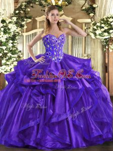 Flare Sleeveless Organza Floor Length Lace Up Quinceanera Gown in Purple with Embroidery and Ruffles