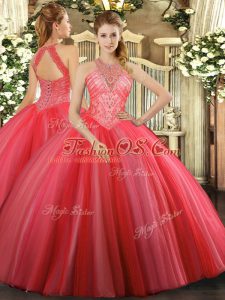 Top Selling Floor Length Ball Gowns Sleeveless Coral Red Sweet 16 Dresses Lace Up