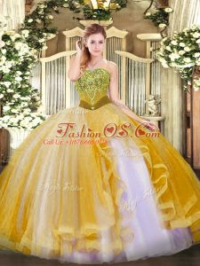 Affordable Gold Ball Gowns Beading and Ruffles Quince Ball Gowns Lace Up Tulle Sleeveless Floor Length