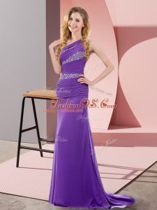 Sleeveless Chiffon Floor Length Sweep Train Lace Up Prom Dresses in Purple with Beading