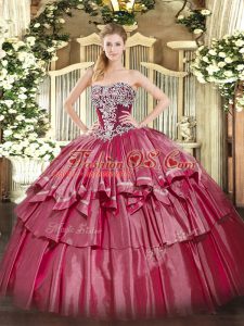 Discount Organza and Taffeta Strapless Sleeveless Lace Up Beading and Ruffled Layers Quinceanera Gowns in Hot Pink