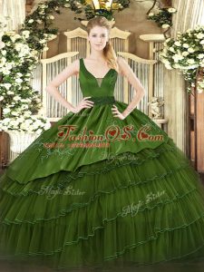 Designer Dark Green Sleeveless Floor Length Beading and Embroidery and Ruffled Layers Zipper 15 Quinceanera Dress