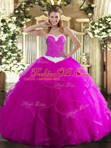 Fine Fuchsia Quince Ball Gowns Military Ball and Sweet 16 and Quinceanera with Appliques and Ruffles Sweetheart Sleeveless Lace Up