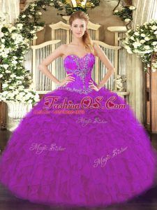 Fuchsia Organza Lace Up Quinceanera Gowns Sleeveless Floor Length Beading and Ruffles