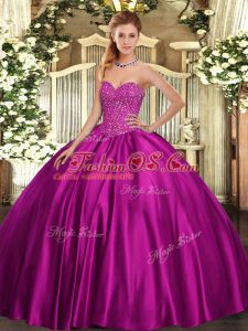 Hot Selling Fuchsia Lace Up Sweetheart Beading 15 Quinceanera Dress Satin Sleeveless