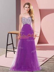 Custom Designed Floor Length Purple Dress for Prom Tulle Sleeveless Beading