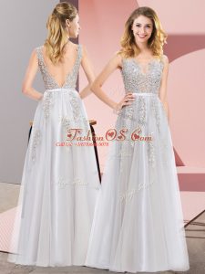 Grey Backless Square Lace and Appliques Prom Dresses Tulle Sleeveless