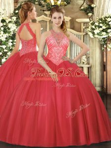 Hot Selling Red Lace Up Quinceanera Gowns Beading Sleeveless Floor Length