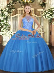 Ball Gowns Sweet 16 Quinceanera Dress Baby Blue High-neck Tulle Sleeveless Floor Length Lace Up