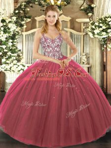 Fuchsia Tulle Lace Up Straps Sleeveless Floor Length Quinceanera Gown Beading and Appliques