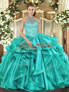 Elegant Turquoise Organza Lace Up Halter Top Sleeveless Floor Length Sweet 16 Dress Beading and Embroidery and Ruffles