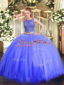 Blue Lace Up Sweet 16 Quinceanera Dress Beading Sleeveless Floor Length