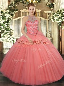 Enchanting Watermelon Red Sleeveless Floor Length Beading and Embroidery Lace Up Ball Gown Prom Dress