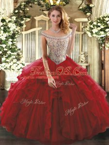 Latest Floor Length Wine Red Quince Ball Gowns Tulle Sleeveless Beading and Ruffles